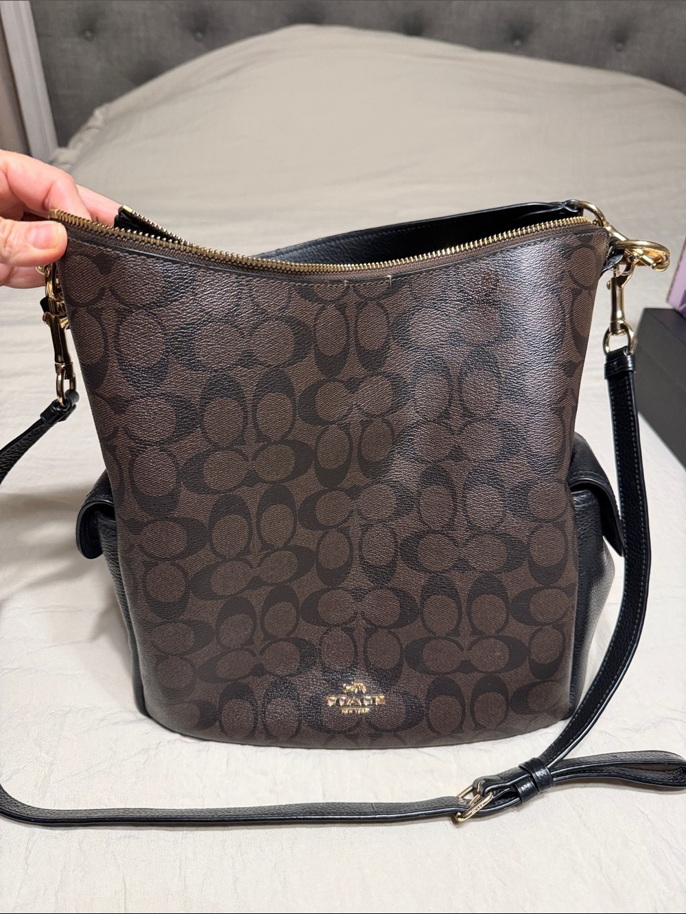 Coach Dark Brown Signature Canvas Crossbody with Black Strap